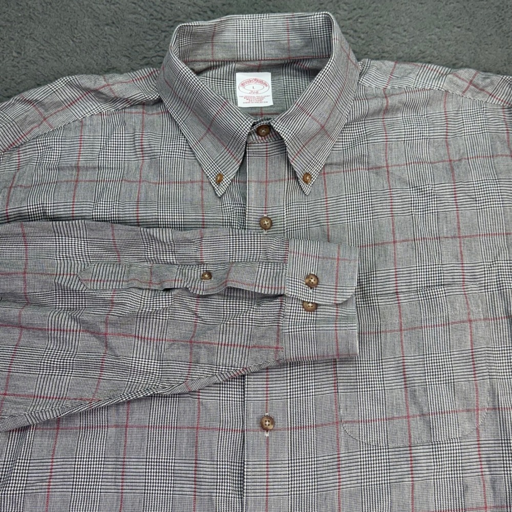 Brooks Brothers 346 Shirt Mens L Grey Glen Plaid Cotton Wool Brooksflannel L/S